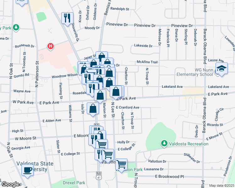 map of restaurants, bars, coffee shops, grocery stores, and more near 700 East Park Avenue in Valdosta