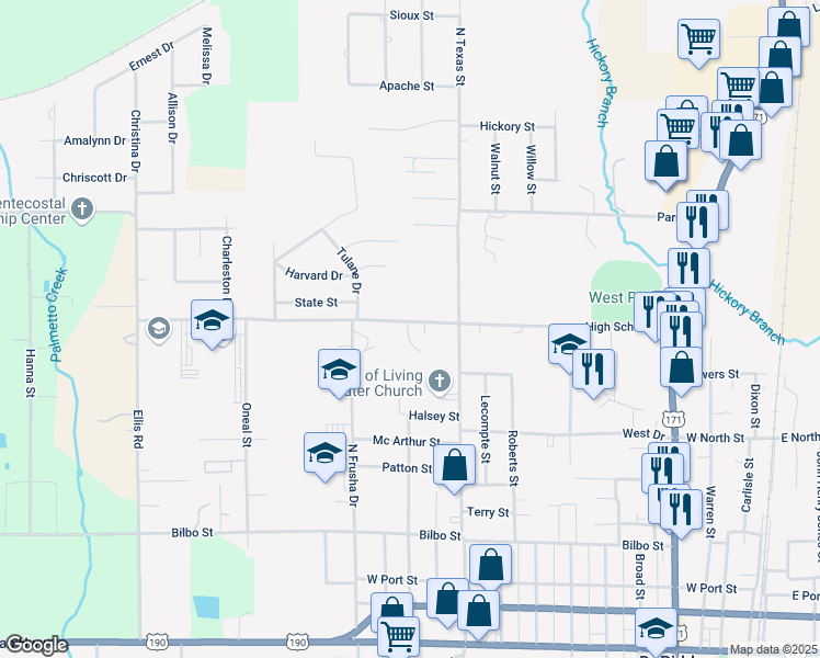 map of restaurants, bars, coffee shops, grocery stores, and more near 1102-1298 High School Dr in DeRidder