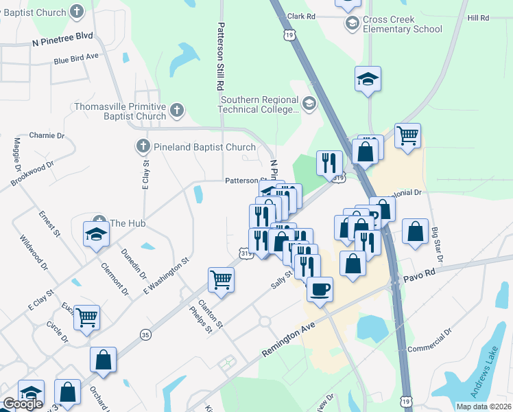 map of restaurants, bars, coffee shops, grocery stores, and more near 2408 Patterson Street in Thomasville
