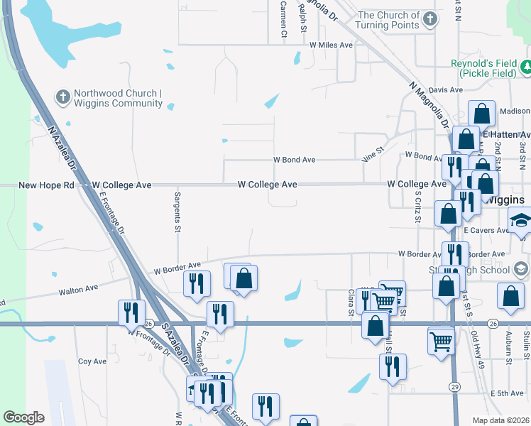map of restaurants, bars, coffee shops, grocery stores, and more near 924 Whispering Hollow St in Wiggins