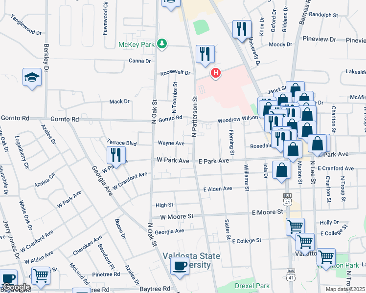 map of restaurants, bars, coffee shops, grocery stores, and more near 105 Wayne Avenue in Valdosta