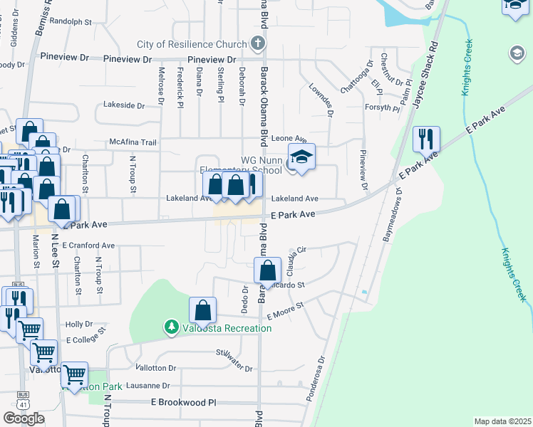 map of restaurants, bars, coffee shops, grocery stores, and more near 1502 Lakeland Avenue in Valdosta