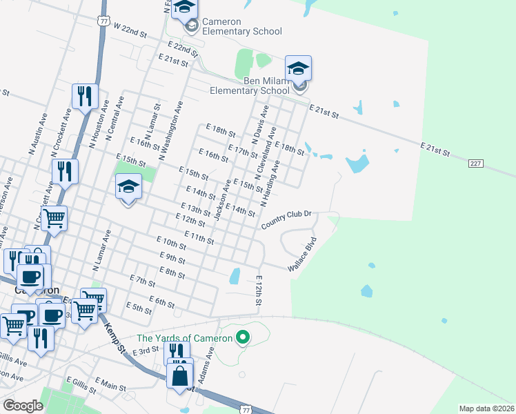 map of restaurants, bars, coffee shops, grocery stores, and more near 1105 East 15th Street in Cameron