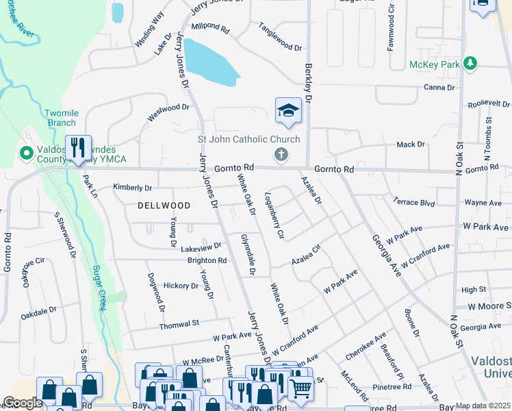 map of restaurants, bars, coffee shops, grocery stores, and more near 2311 White Oak Drive in Valdosta