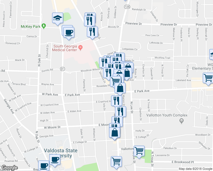 map of restaurants, bars, coffee shops, grocery stores, and more near 2107 Mimosa Drive in Valdosta