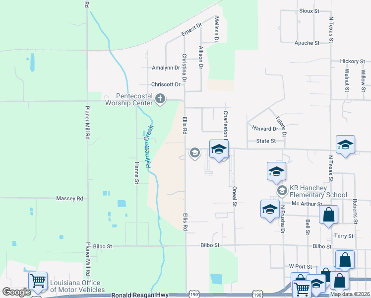 map of restaurants, bars, coffee shops, grocery stores, and more near 1598 High School Dr in DeRidder