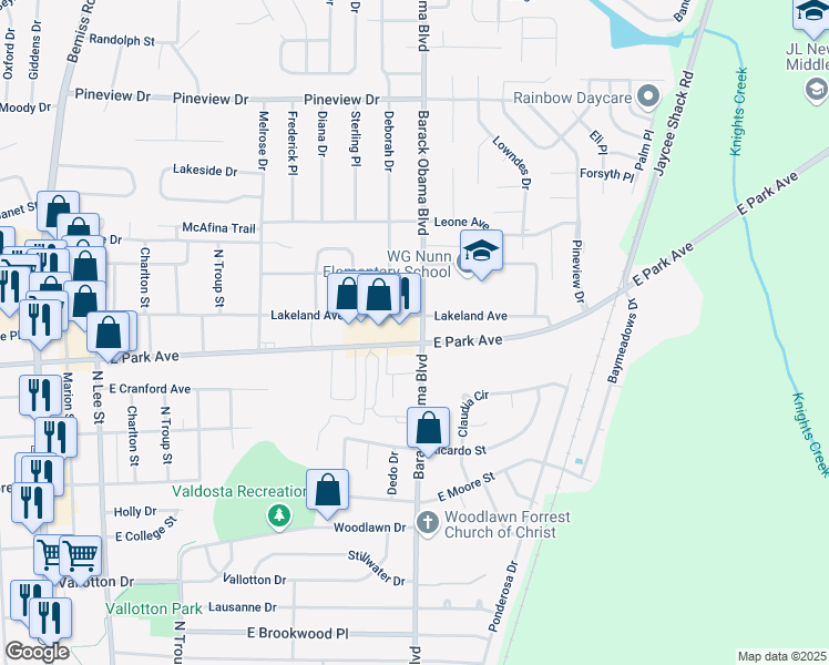 map of restaurants, bars, coffee shops, grocery stores, and more near 1502 Lakeland Avenue in Valdosta