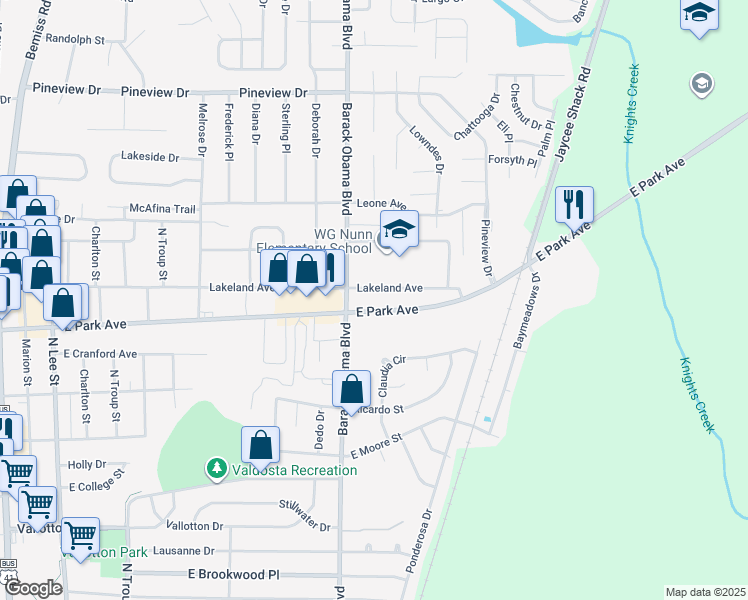 map of restaurants, bars, coffee shops, grocery stores, and more near 1606 East Park Avenue in Valdosta