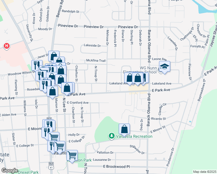 map of restaurants, bars, coffee shops, grocery stores, and more near 2010 Melrose Drive in Valdosta