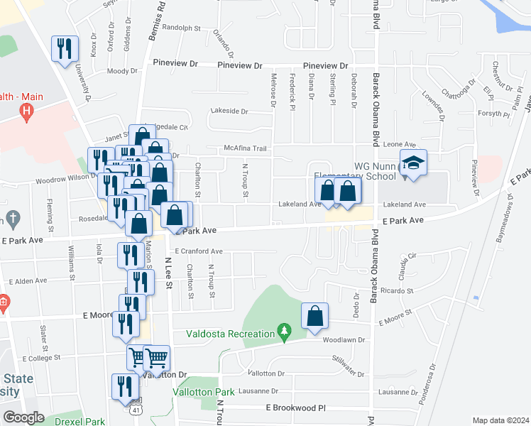 map of restaurants, bars, coffee shops, grocery stores, and more near 2014 Melrose Drive in Valdosta