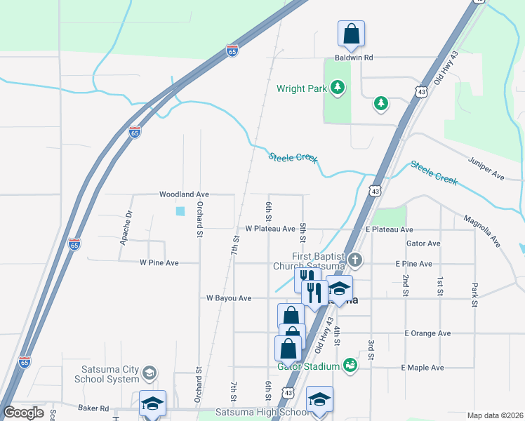 map of restaurants, bars, coffee shops, grocery stores, and more near 5713 6th Street in Satsuma
