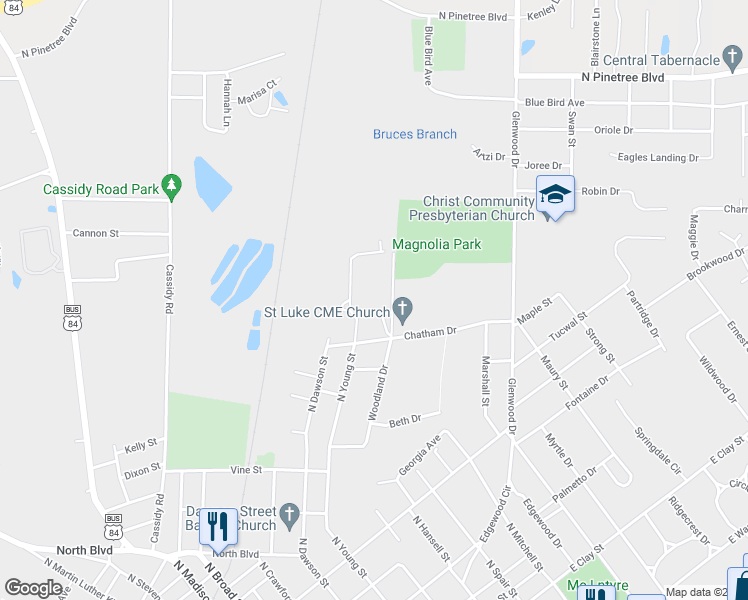 map of restaurants, bars, coffee shops, grocery stores, and more near 201 Chatham Drive in Thomasville