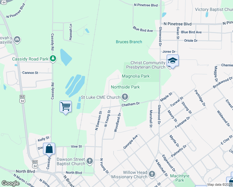 map of restaurants, bars, coffee shops, grocery stores, and more near 201 Chatham Drive in Thomasville