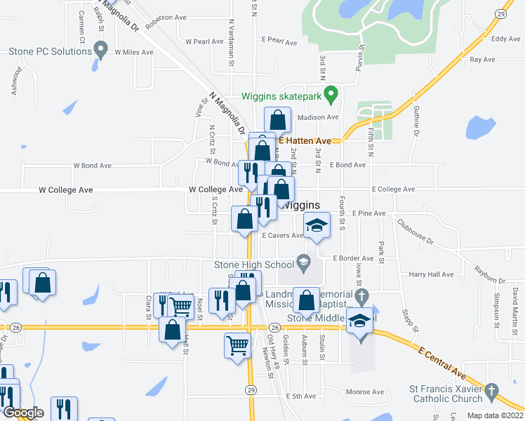 map of restaurants, bars, coffee shops, grocery stores, and more near 101 East Pine Avenue in Wiggins