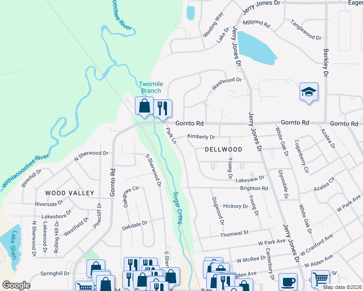 map of restaurants, bars, coffee shops, grocery stores, and more near 2321 Park Ln in Valdosta