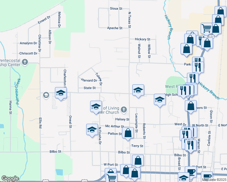 map of restaurants, bars, coffee shops, grocery stores, and more near 1102 High School Drive in DeRidder