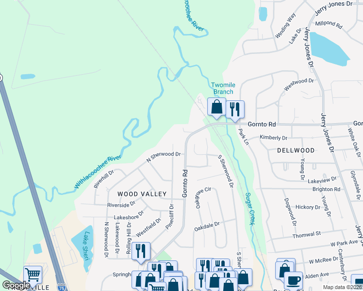 map of restaurants, bars, coffee shops, grocery stores, and more near 1815 South Sherwood Circle in Valdosta
