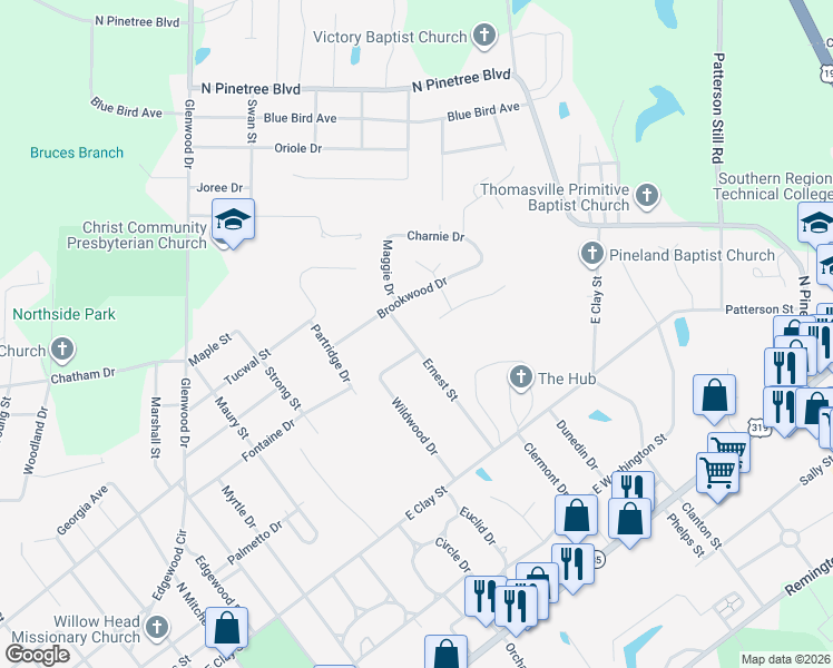 map of restaurants, bars, coffee shops, grocery stores, and more near 602 Ernest Street in Thomasville