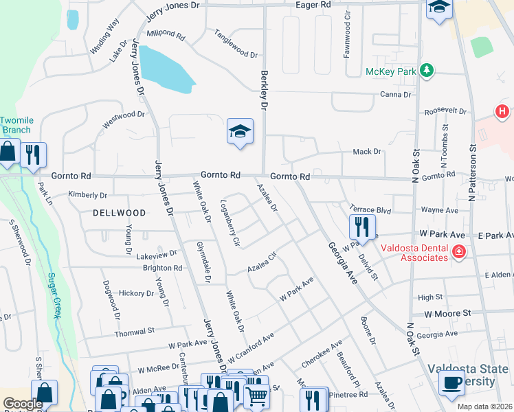 map of restaurants, bars, coffee shops, grocery stores, and more near 55 Loganberry Circle in Valdosta