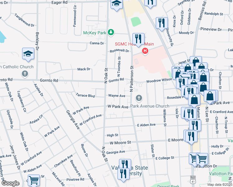 map of restaurants, bars, coffee shops, grocery stores, and more near 200 Wayne Avenue in Valdosta