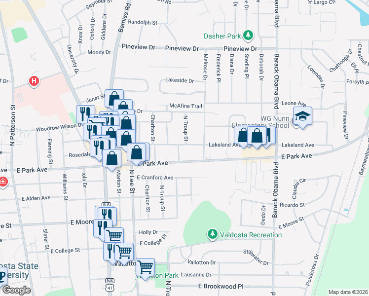 map of restaurants, bars, coffee shops, grocery stores, and more near 905 Lakeland Avenue in Valdosta