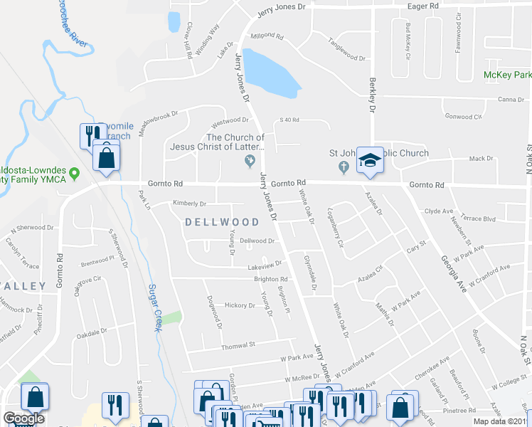 map of restaurants, bars, coffee shops, grocery stores, and more near 2408 Jerry Jones Drive in Valdosta