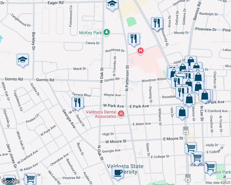 map of restaurants, bars, coffee shops, grocery stores, and more near 114 Wayne Avenue in Valdosta