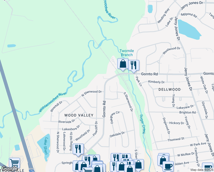 map of restaurants, bars, coffee shops, grocery stores, and more near 1815 South Sherwood Circle in Valdosta
