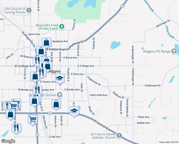 map of restaurants, bars, coffee shops, grocery stores, and more near 711 E Pine Ave in Wiggins