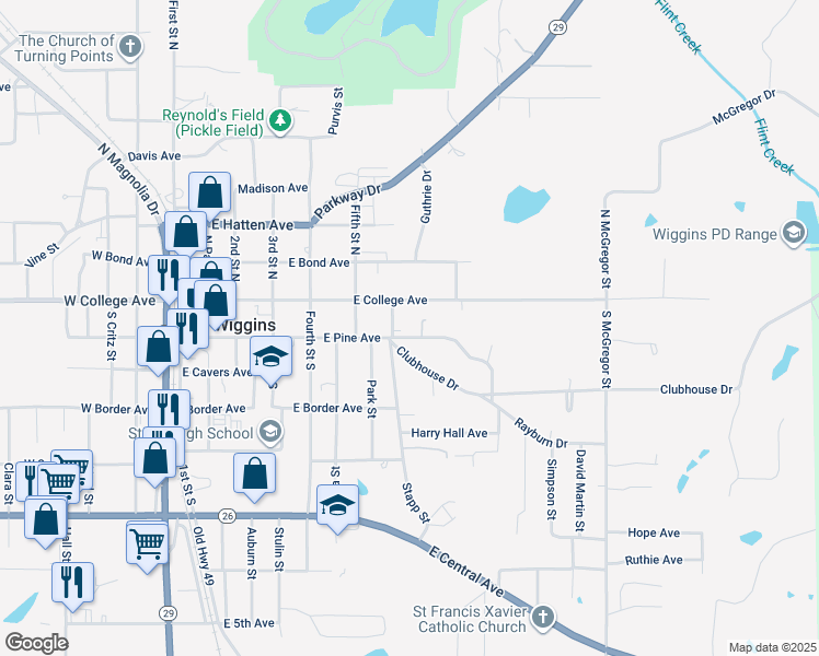 map of restaurants, bars, coffee shops, grocery stores, and more near 711 E Pine Ave in Wiggins