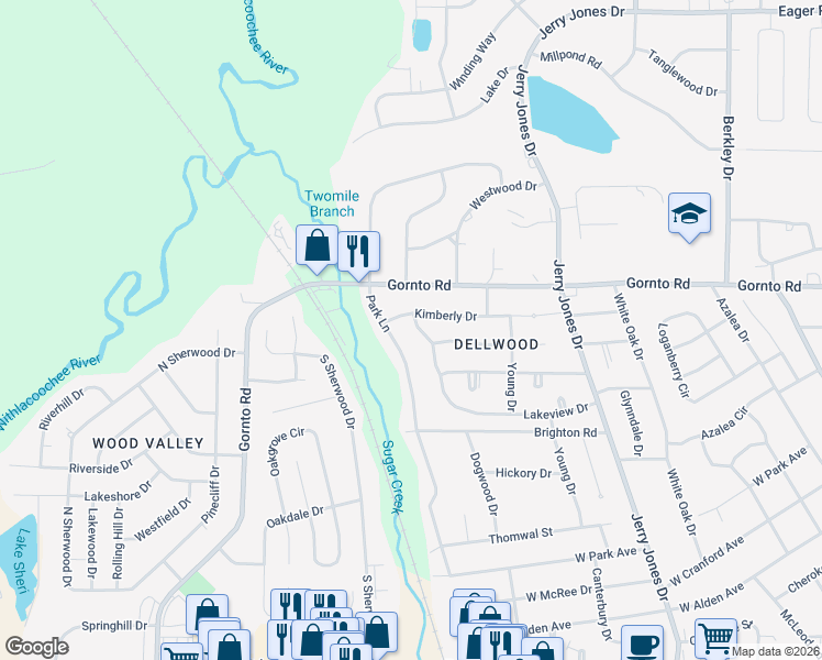 map of restaurants, bars, coffee shops, grocery stores, and more near 2321 Park Lane in Valdosta