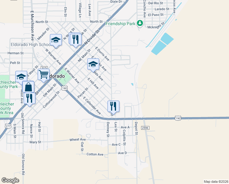 map of restaurants, bars, coffee shops, grocery stores, and more near 402 East Street in Eldorado