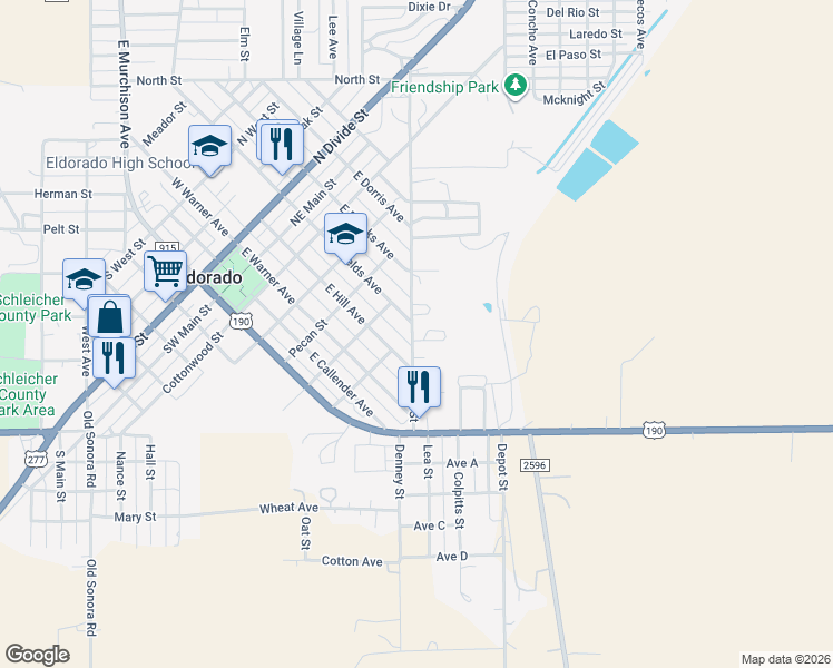 map of restaurants, bars, coffee shops, grocery stores, and more near 402 East Street in Eldorado
