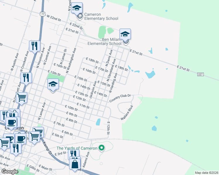 map of restaurants, bars, coffee shops, grocery stores, and more near 1105 East 15th Street in Cameron