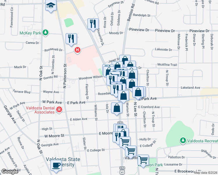 map of restaurants, bars, coffee shops, grocery stores, and more near 314 Rosedale Place in Valdosta