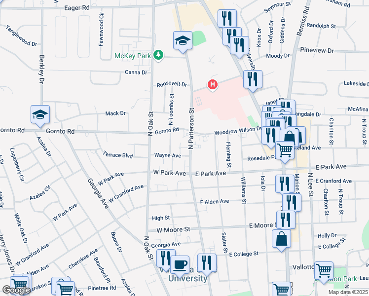map of restaurants, bars, coffee shops, grocery stores, and more near 2300-2398 North Patterson Street in Valdosta