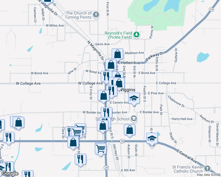 map of restaurants, bars, coffee shops, grocery stores, and more near 101 E Pine Ave in Wiggins