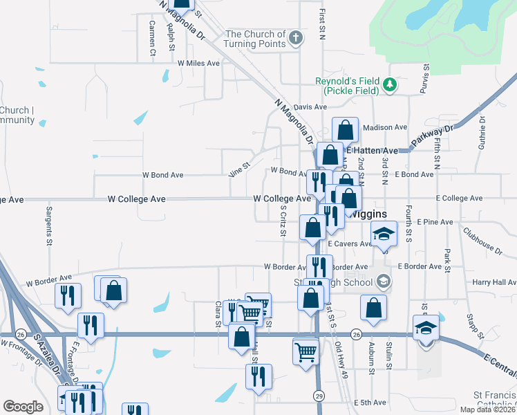 map of restaurants, bars, coffee shops, grocery stores, and more near 105 Hall Street in Wiggins