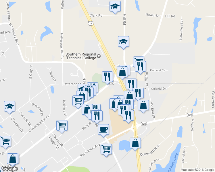 map of restaurants, bars, coffee shops, grocery stores, and more near 1680 E Jackson St in Thomasville