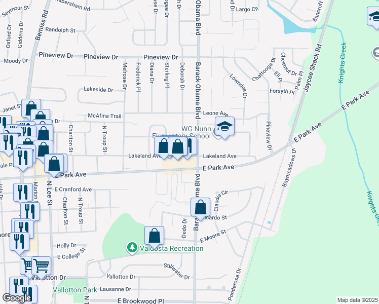 map of restaurants, bars, coffee shops, grocery stores, and more near 1502 Lakeland Avenue in Valdosta