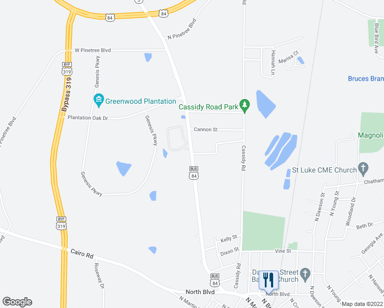 map of restaurants, bars, coffee shops, grocery stores, and more near 100 Holland Street in Thomasville