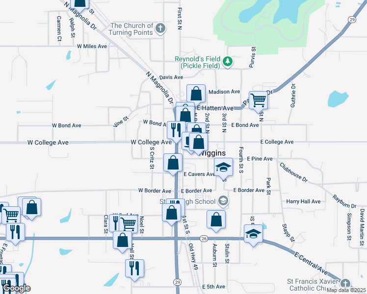 map of restaurants, bars, coffee shops, grocery stores, and more near 101 E Pine Ave in Wiggins