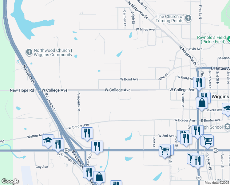 map of restaurants, bars, coffee shops, grocery stores, and more near 900-924 Whispering Hollow St in Wiggins
