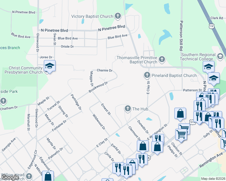 map of restaurants, bars, coffee shops, grocery stores, and more near 110 Celeste Court in Thomasville