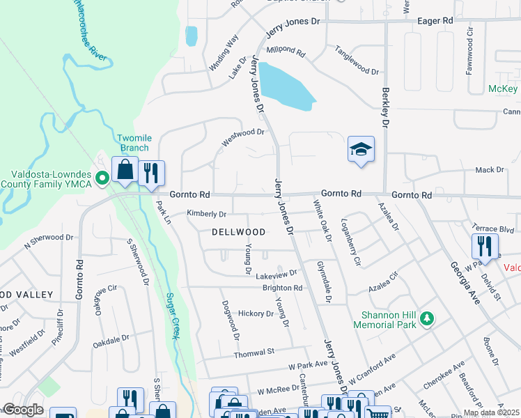 map of restaurants, bars, coffee shops, grocery stores, and more near 1107 Gornto Road in Valdosta