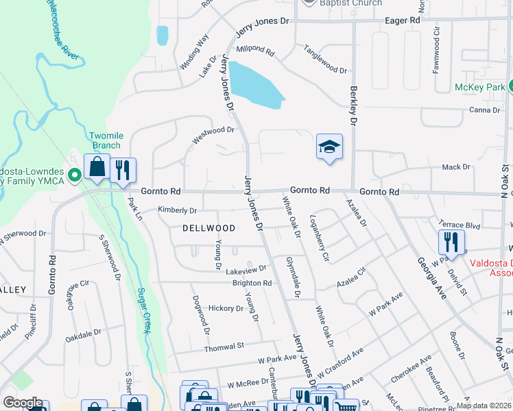 map of restaurants, bars, coffee shops, grocery stores, and more near 1101 Gornto Road in Valdosta