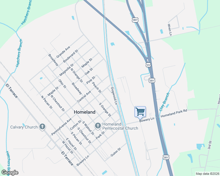 map of restaurants, bars, coffee shops, grocery stores, and more near Dogwood Lane in Homeland