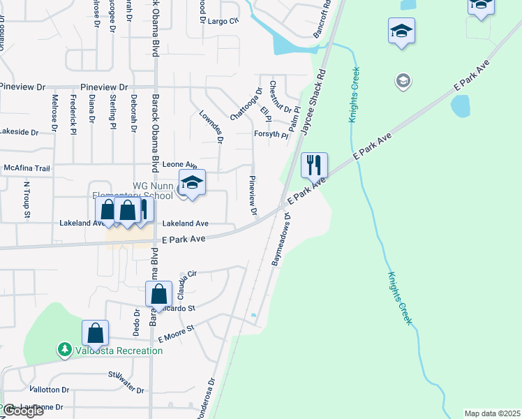 map of restaurants, bars, coffee shops, grocery stores, and more near 1700 Pineview Drive in Valdosta