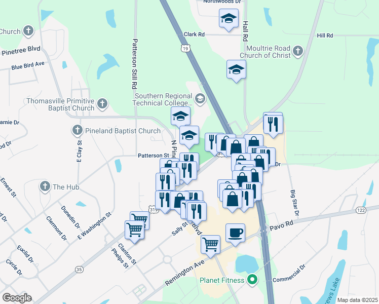 map of restaurants, bars, coffee shops, grocery stores, and more near 200 North Pinetree Boulevard in Thomasville