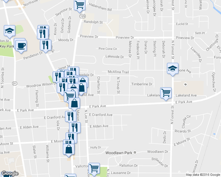 map of restaurants, bars, coffee shops, grocery stores, and more near 2109 Caswell Street in Valdosta